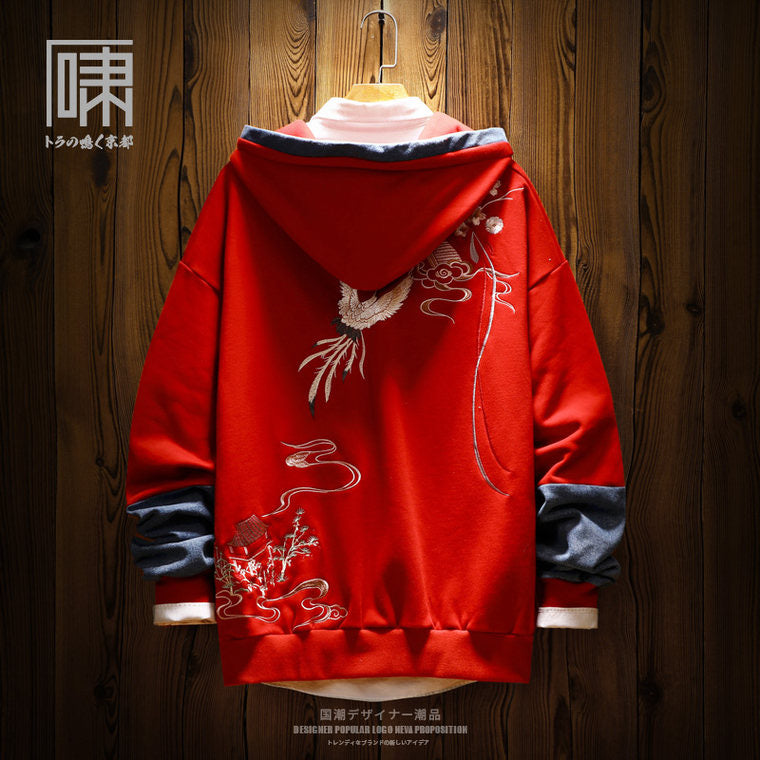 Tide Brand National Tide Chinese Wind Crane Embroidery Niche Hooded Sweater Men's