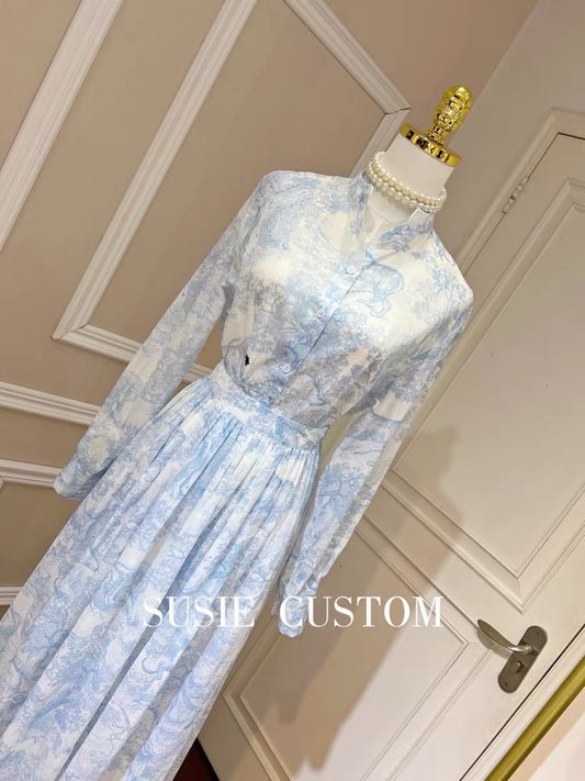 Customized Temperament Retro Printed Long Shirt Top High Waist Pleated A-Line Large Swing Skirt Two-piece Set