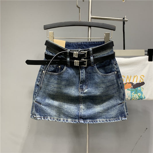 Internet celebrity trend with the same paragraph 2023 early spring new retro hot girl blue double waist denim skirt sexy skirt