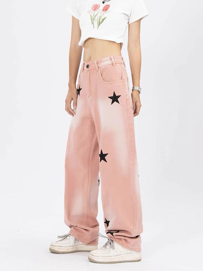 YOUNG K American retro star jeans pink distressed washed street style loose straight casual trousers