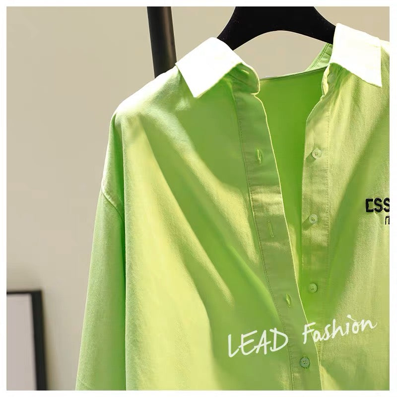 Fruit green letter embroidery mid-length cotton and linen shirt women 2023 spring candy color BF wind shirt sun protection cardigan