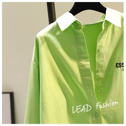 Fruit green letter embroidery mid-length cotton and linen shirt women 2023 spring candy color BF wind shirt sun protection cardigan