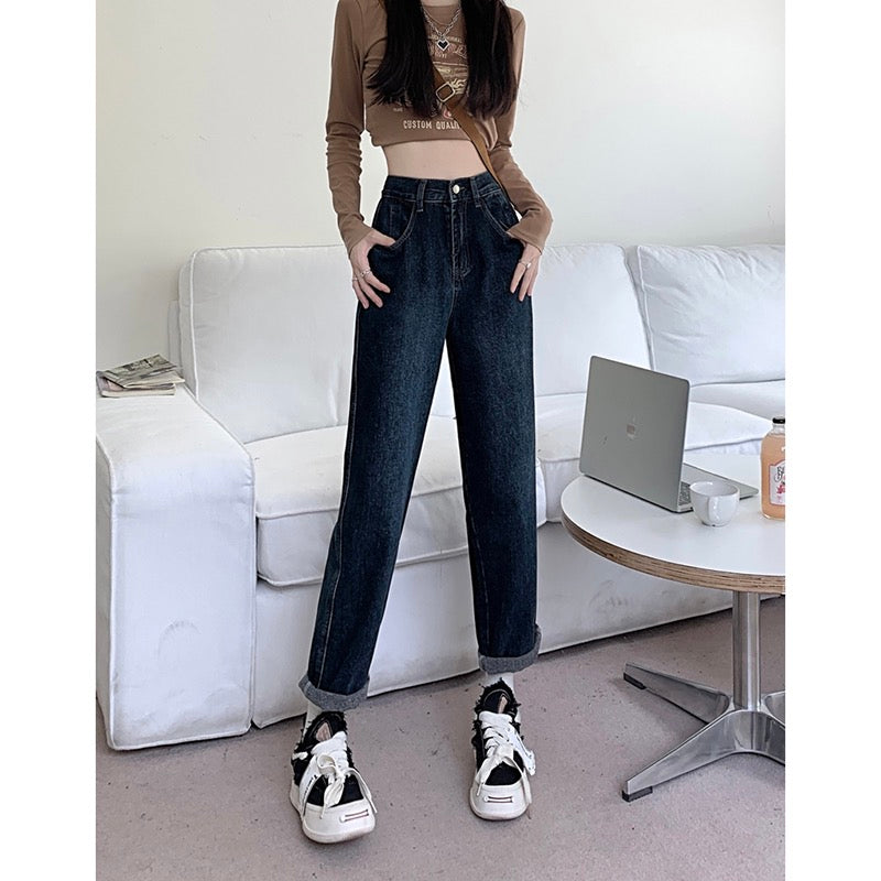High waist loose washed jeans women's autumn and winter Korean version 2022 new dark color thin all-match straight trousers ins
