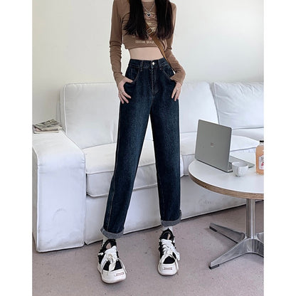 High waist loose washed jeans women's autumn and winter Korean version 2022 new dark color thin all-match straight trousers ins
