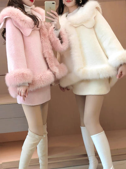 Celebrity temperament furry wavy coat skirt salt light familiar style two-piece suit female 2022 new winter