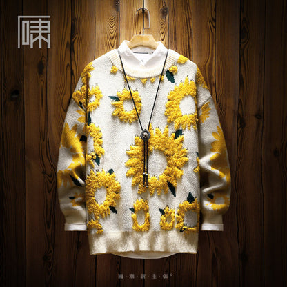 niche sunflower sweater men's Japanese retro vintage lazy