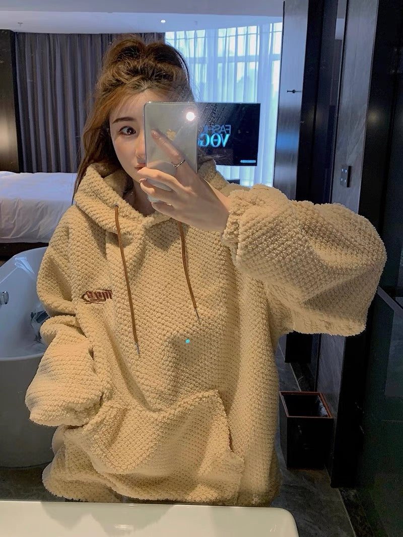 Big C comes also polar fleece letter sweater women's autumn and winter new Korean version oversize all-match trend hooded top