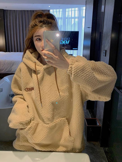 Big C comes also polar fleece letter sweater women's autumn and winter new Korean version oversize all-match trend hooded top