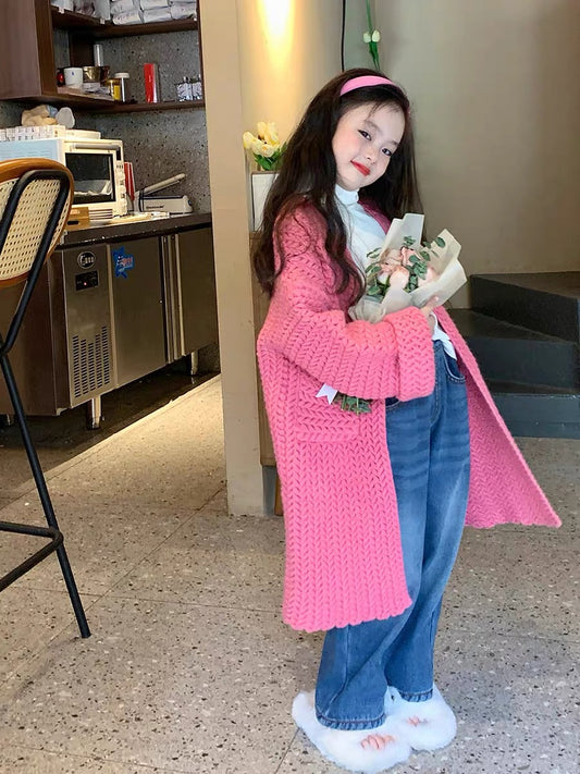 Original girls' mid-length sweater 2022 new knitted sweater children's fashionable foreign style top autumn and winter cardigan coat