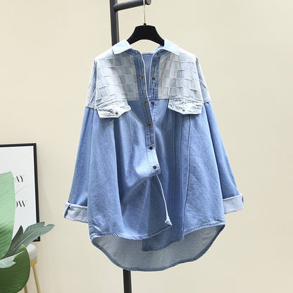 Color-block denim shirt women's 2023 spring new Korean version of the mid-length casual loose long-sleeved outerwear shirt jacket