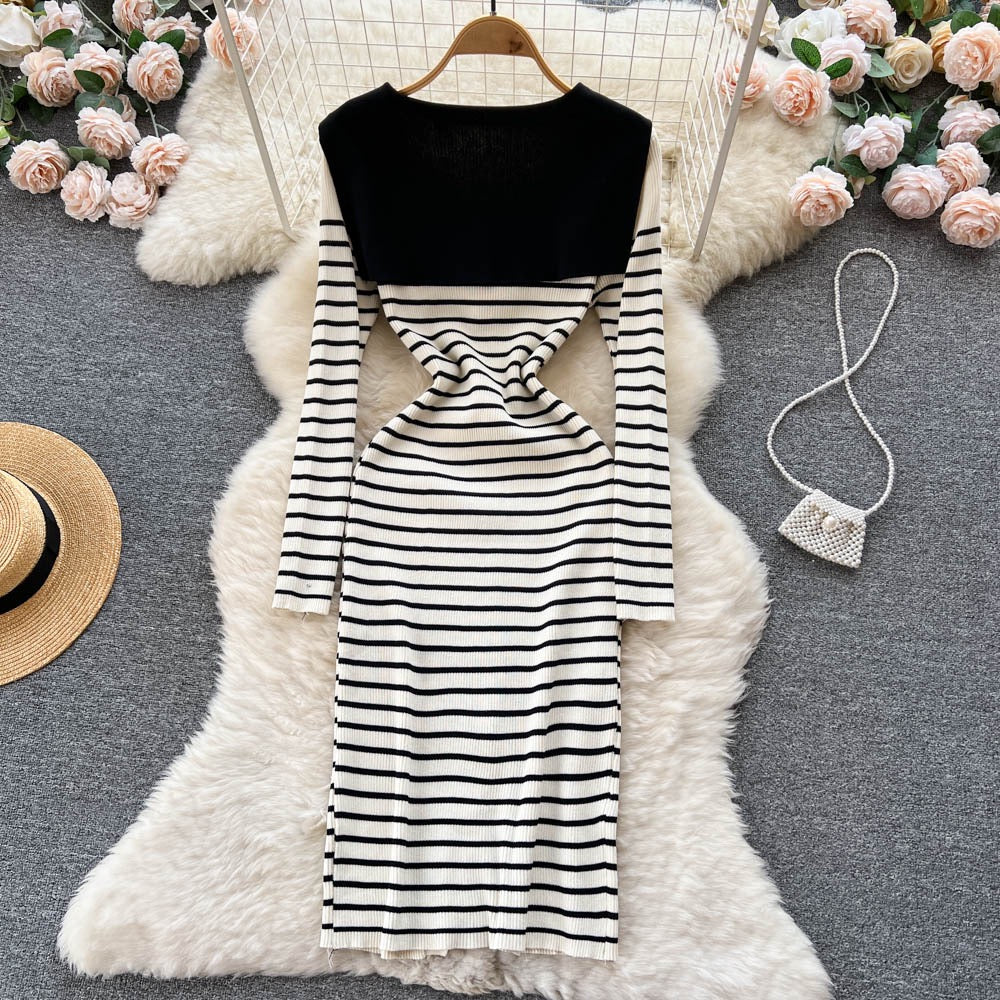 Autumn and winter new women's fashionable temperament bowknot striped knitted dress French high-quality slim wrap hip dress