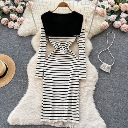 Autumn and winter new women's fashionable temperament bowknot striped knitted dress French high-quality slim wrap hip dress