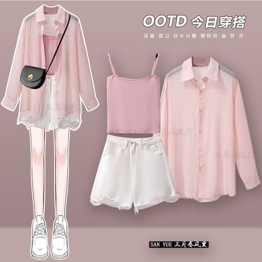 Playful women's lively shorts suit 2023 new women's high-end summer sunscreen shirt suspenders three-piece set two