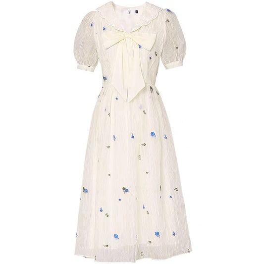 2022 summer new retro elegant French tea break bow waist large swing jacquard embroidered princess dress