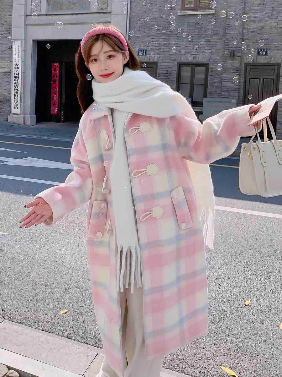 Pink horn buckle woolen coat women's winter plaid Korean style gentle and sweet 2022 new small woolen coat