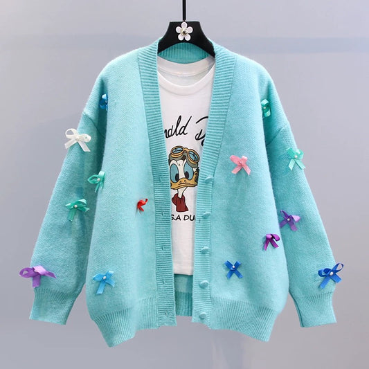 Japanese bow sweater jacket women's autumn and winter 2022 new loose and lazy style age-reducing V-neck knitted cardigan