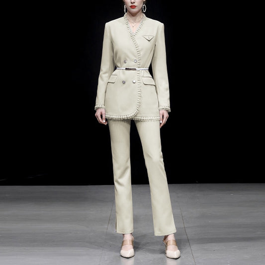 Spring women's clothing 2023 new fashion temperament two-piece apricot-colored small suit jacket cropped trousers trousers suit trendy