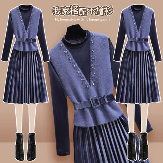 Gold velvet vest dress women's autumn and winter 2022 new temperament goddess fan base two-piece suit skirt