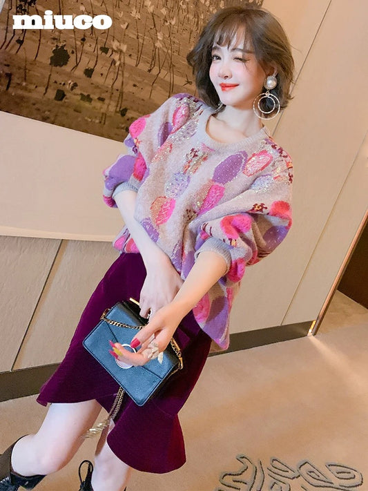 miuco color jacquard hot drill lazy wind sweater + high waist ruffle skirt suit 2022 early autumn 1536