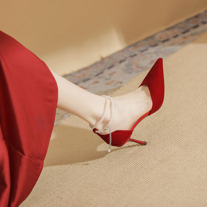 Red Baotou sandals women's stiletto one-word belt pearl hollow high-heeled single shoes temperament Xiuhe bridesmaid wedding shoes 8cm