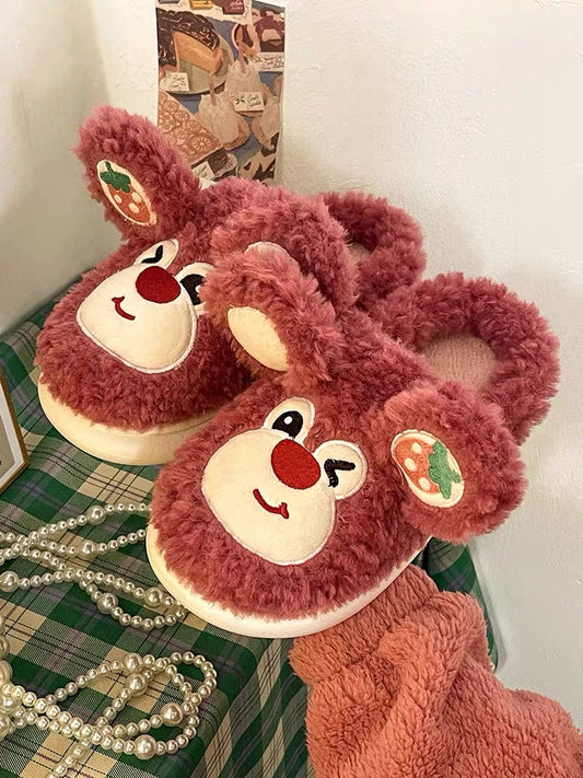 Cartoon cotton slippers female winter cute strawberry bear students at home warm plus velvet thick bottom stepping on the feces sense slippers to wear outside