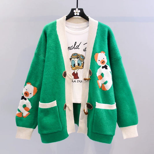 Cartoon bear V-neck sweater jacket women's autumn and winter 2022 new loose and lazy wind horn button knitted cardigan