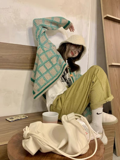 Retro Plaid Long Sleeve Sweater Jacket Women's Fall 2022 New Lazy Wind Loose Japanese Knit Cardigan Top