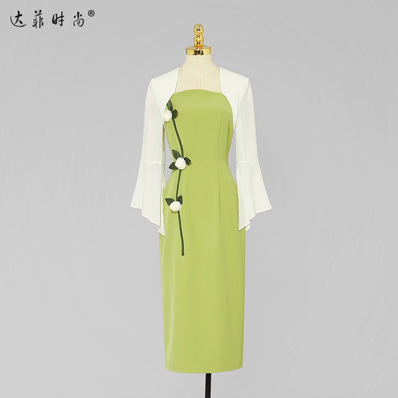 Spring women's clothing 2023 new temperament contrast color trumpet sleeves slim waist slim dress long skirt bag hip skirt