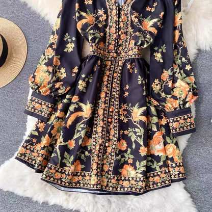 Court style retro floral dress female celebrity temperament V-neck single-breasted waist-slimming puff-sleeved A-line skirt