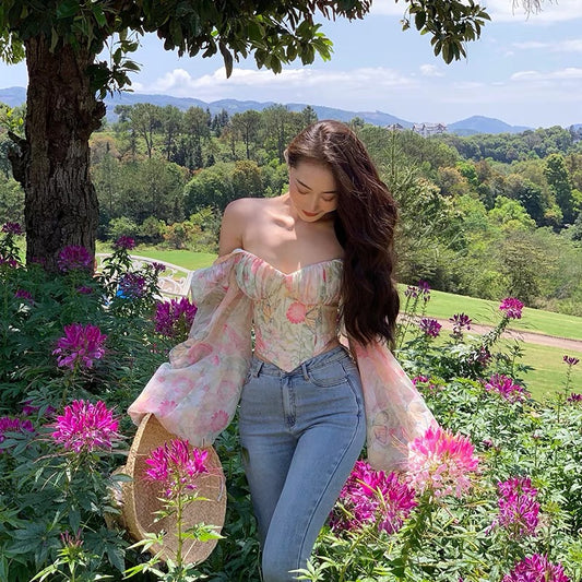 Xiaoli Wonderful Fairy Square Collar Long Puff Sleeve Floral Chiffon Shirt French Design Chic Top Female Summer
