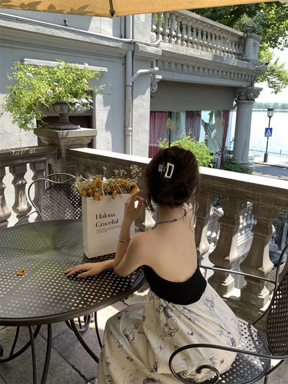 Black and white ink printing niche design sense retro high-end tube top dress women's summer seaside holiday dress