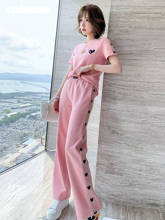miuco casual round neck all-match T-shirt + love jacquard high waist wide leg pants suit women's 2022 spring and summer new k
