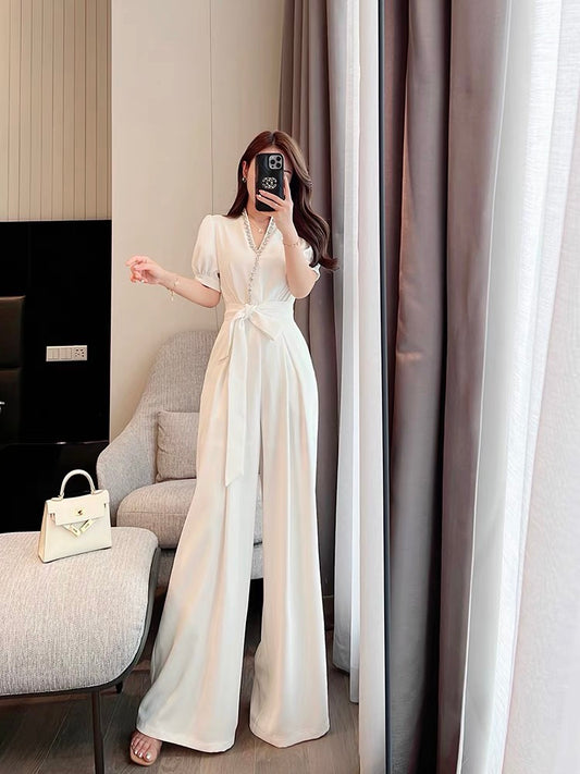 Miss Dong high-end custom 2022 new summer jumpsuit women's high-end white high-waisted wide-leg pants jumpsuit