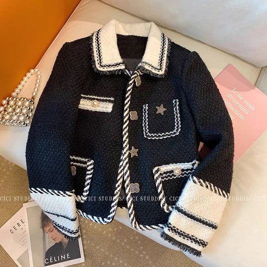 Heavy industry black tweed small fragrance coat women's 2022 autumn and winter new lapel woven high-quality jacket top