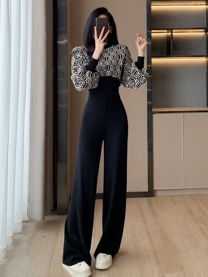 Xiaoxiangfeng Knitted Casual Fashion Suit Women's Autumn and Winter Waist Reduction Age Temperament Ladies Wide-leg Pants Two-piece Western Style