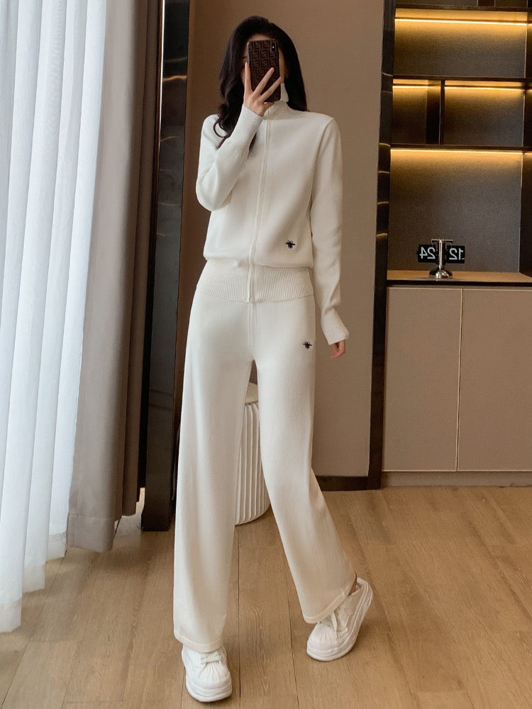 2022 new knitted casual fashion sports age-reducing turtleneck sweater wide-leg pants two-piece suit female autumn and winter style