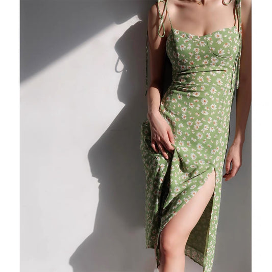 French Slim Sexy Side Slit Dress Retro Green Daisy Resort Style Sling Over Knee Midi Dress