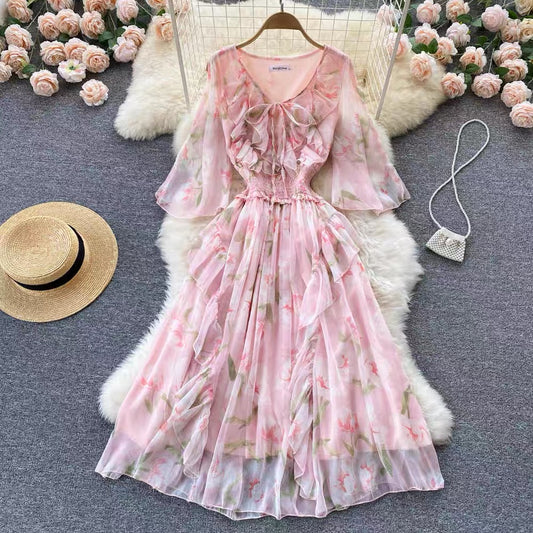 2022 spring new French temperament waist thin fairy skirt fashion temperament thin floral dress female