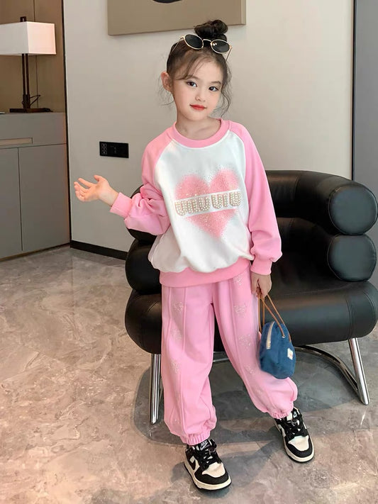 Original girls' casual suit autumn 2022 new western style fashionable children's middle and big children's love beaded sweater