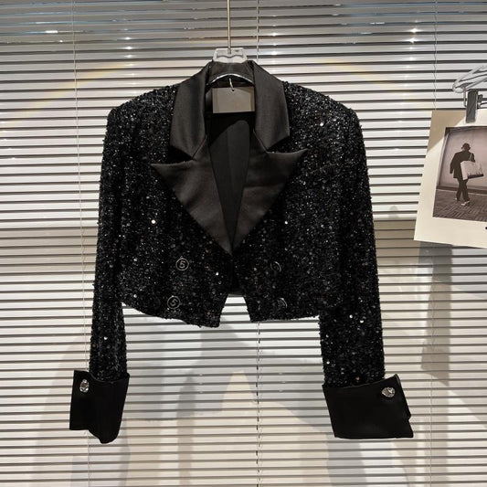 Internet celebrity with the same style 2023 spring new style small fragrance wind all over the body with sequins and bright silk temperament celebrity short coat suit suit