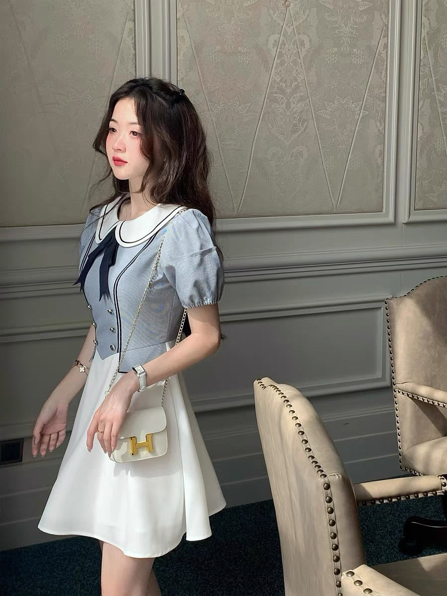Q girl's family Milan girl/court daughter style pattern fake two-piece design dress summer retro puff sleeves