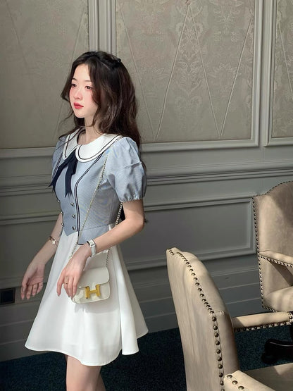 Q girl's family Milan girl/court daughter style pattern fake two-piece design dress summer retro puff sleeves