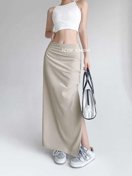 European and American ins autumn thin section slim high waist thin skirt hot girl niche tooling side slit pleated skirt