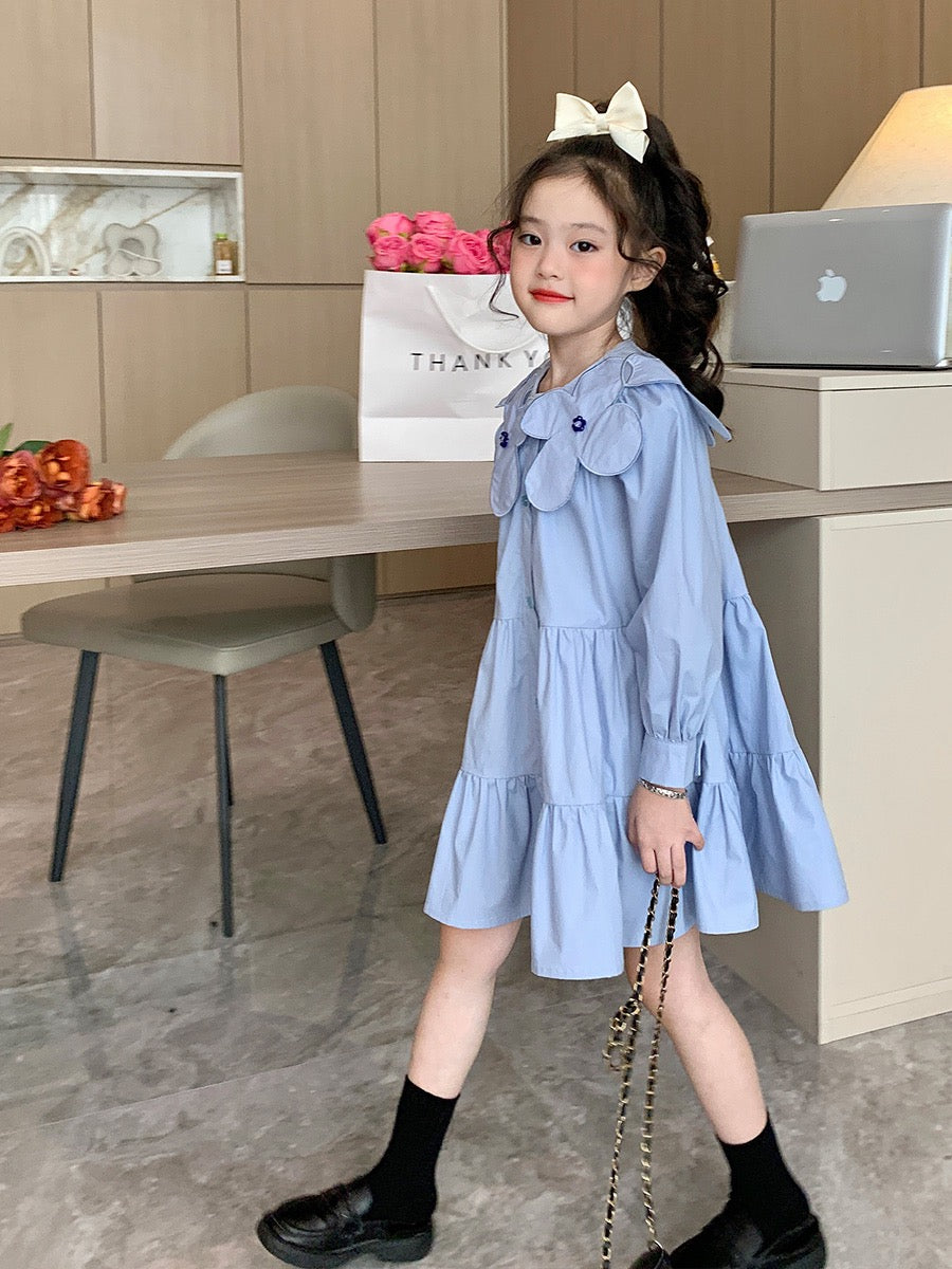 Original children's clothing girls cotton long-sleeved dress spring 2023 new big children's blue A-line shirt skirt