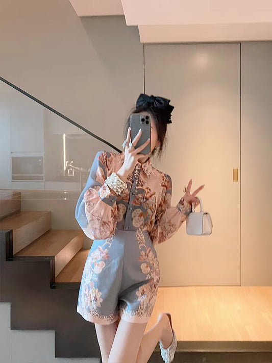 BETTER LS early autumn women's suit light familiar style lantern sleeve printed shirt wide-leg shorts European two-piece set D111