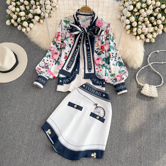 Fashion suit female OL professional temperament loose printed bow tie chiffon shirt two-piece high waist skirt