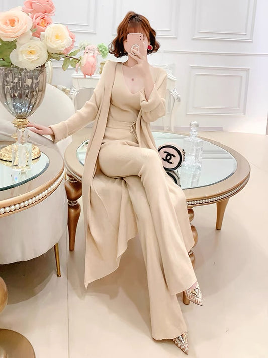 Feijie customized lazy style knitted suit 2022 autumn and winter new long coat high waist wide leg pants three-piece suit