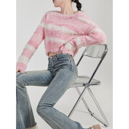 LLL LAB/tea sweater pink sweet sexy sling striped sweater French chic small top winter