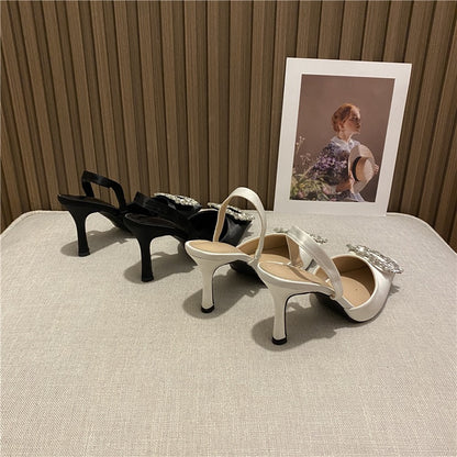 Baotou sandals women's 2022 summer new silk and satin material fairy style pointed toe back empty French high heels women's stiletto