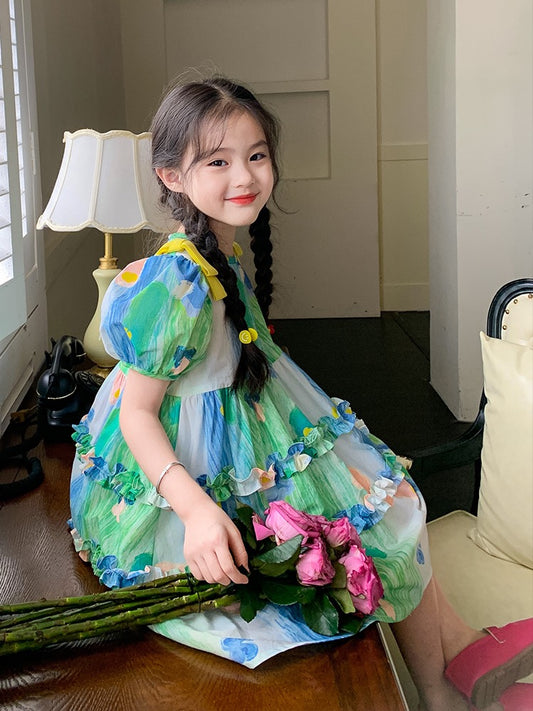 Original girl floral pastoral style dress summer dress 2023 new children's wear princess dress children's holiday style skirt
